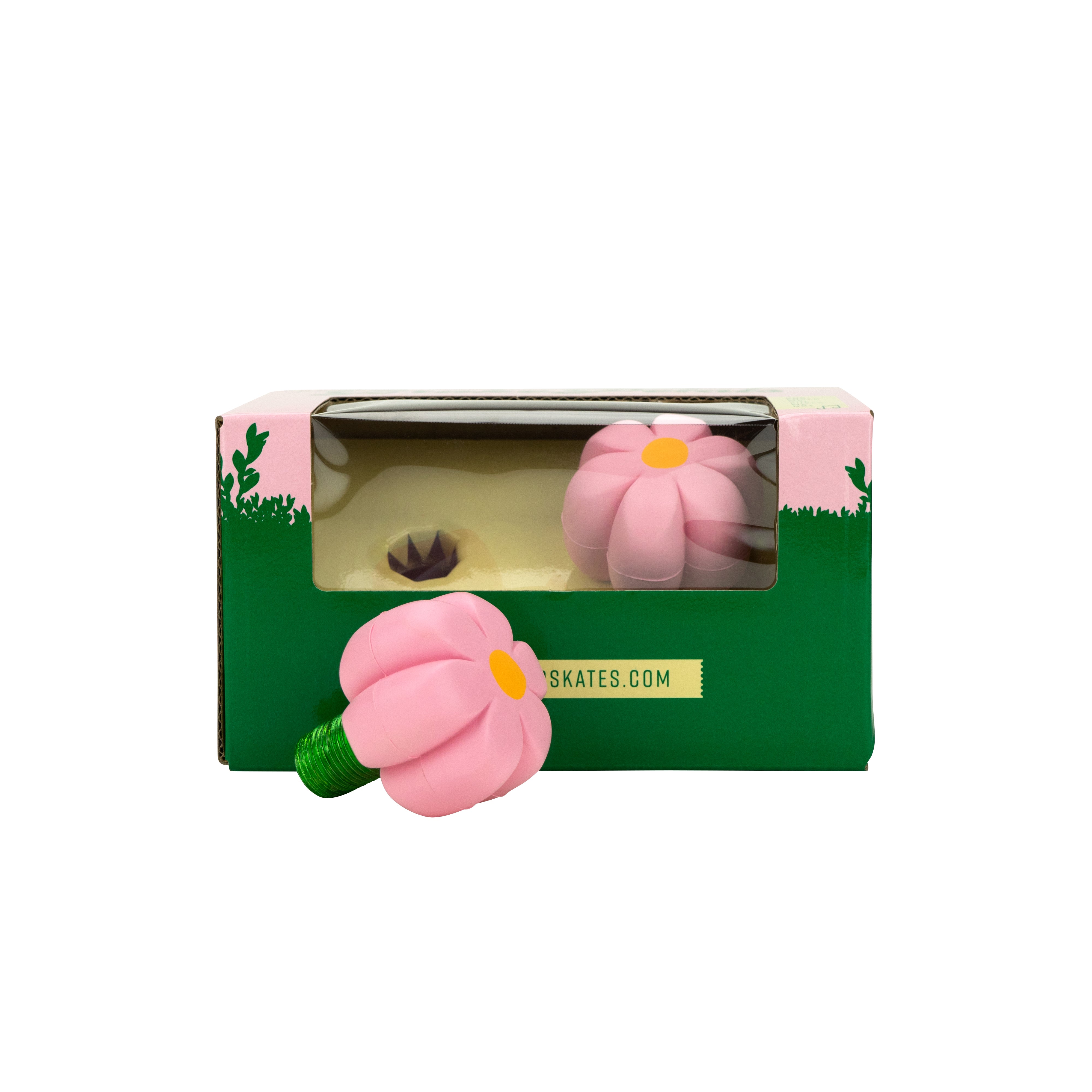 Pink flower-shaped brake petals with green threaded bolts, shown in retail box.