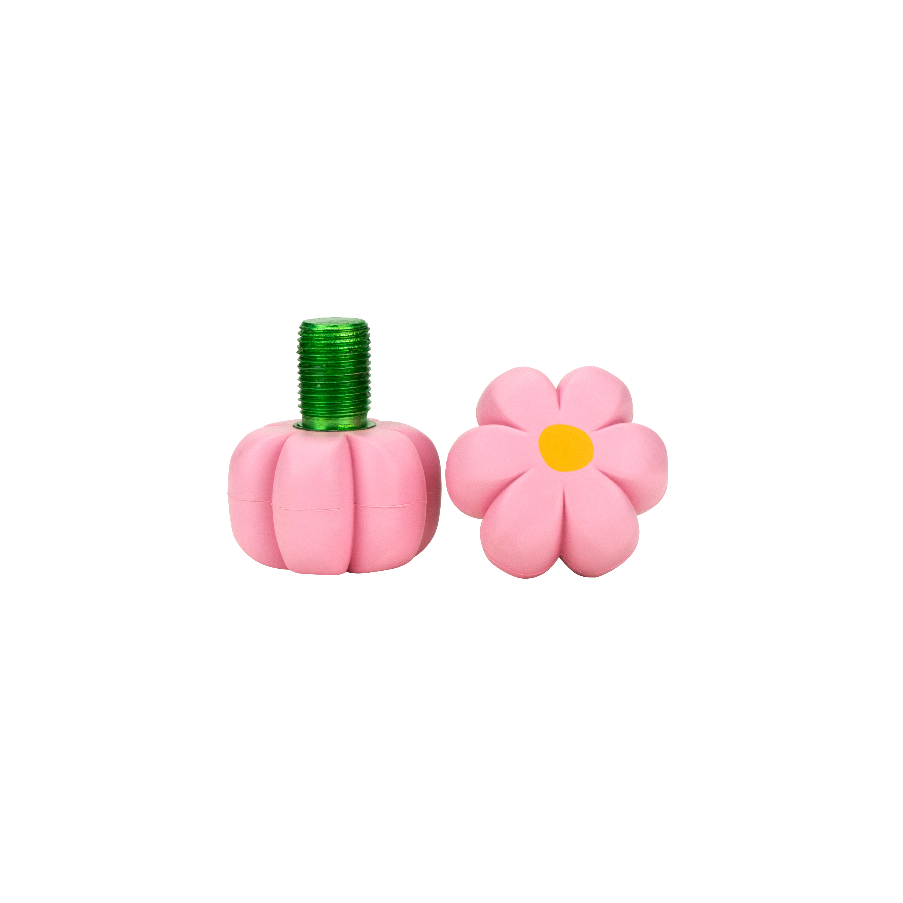 Pink flower brake petals with green threaded bolt and stem, pair.