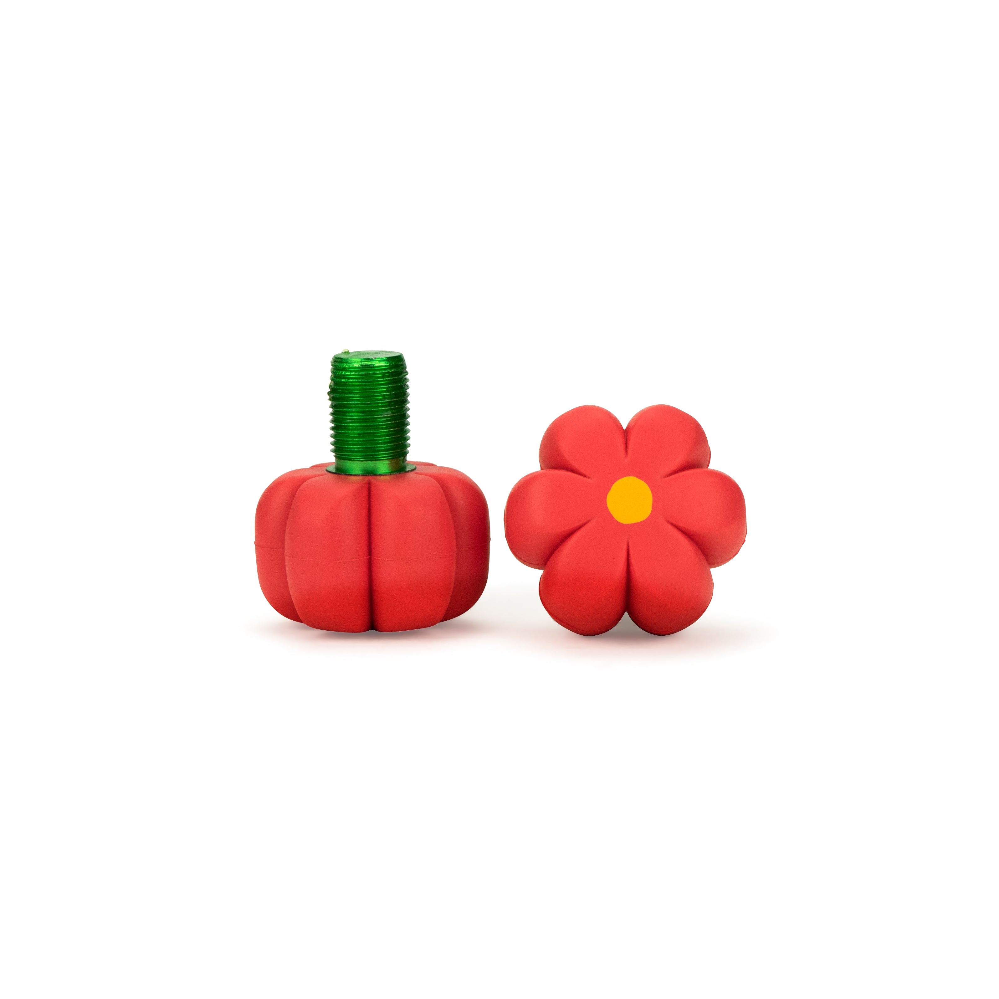 Red flower brake petals with green threaded bolt and stem, pair.