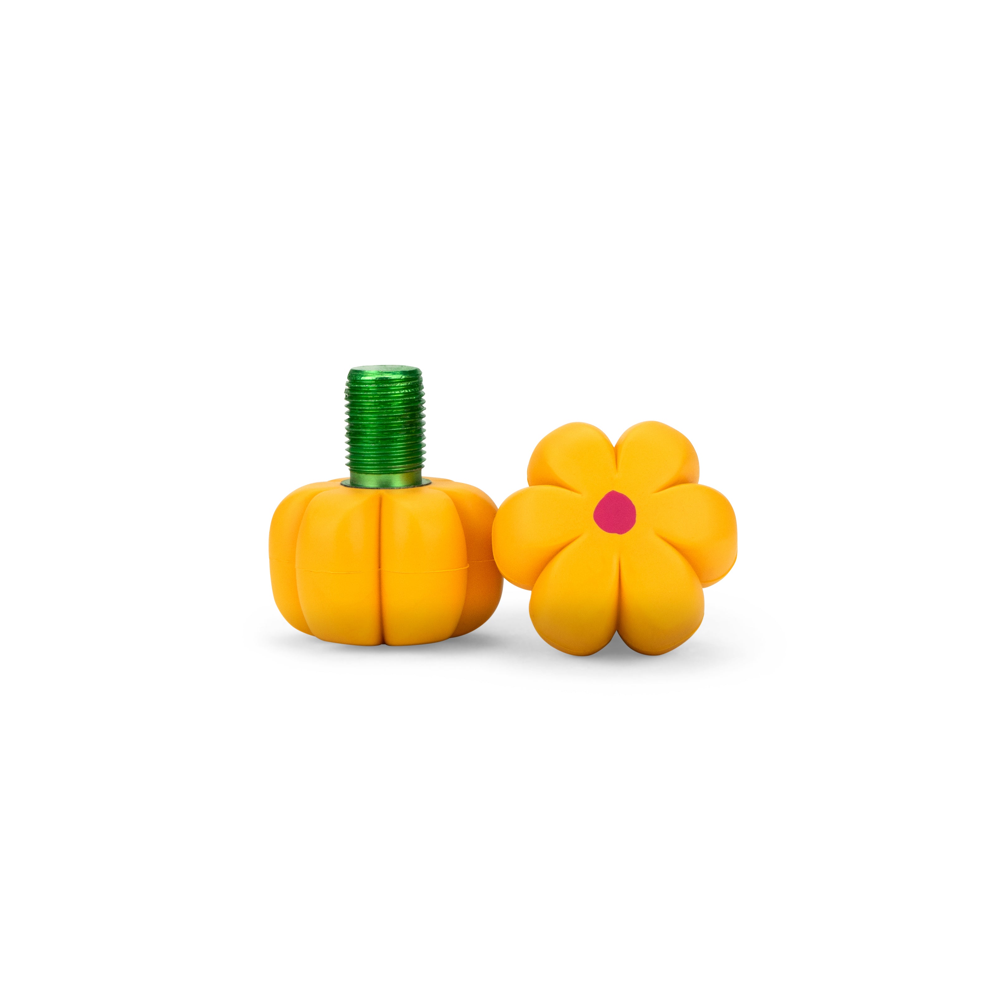 Yellow flower brake petals with green threaded bolt and stem, pair.