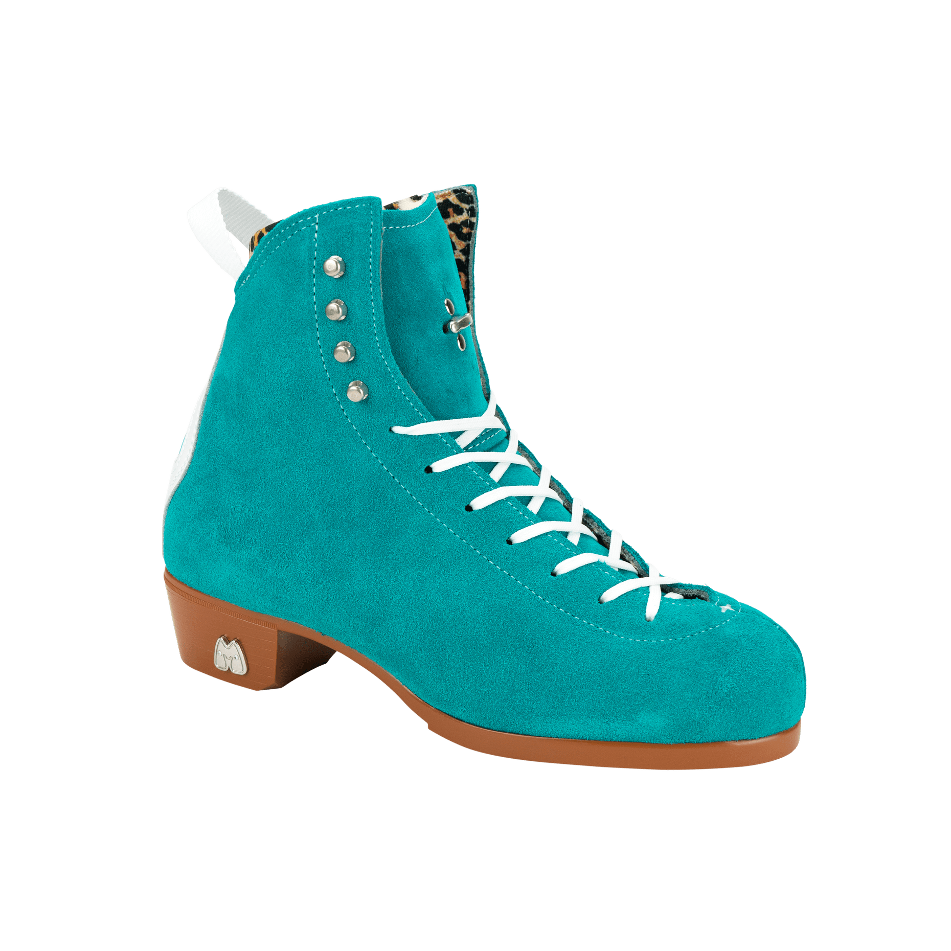Teal suede high-top skate boot with white laces, metal eyelets, tan sole