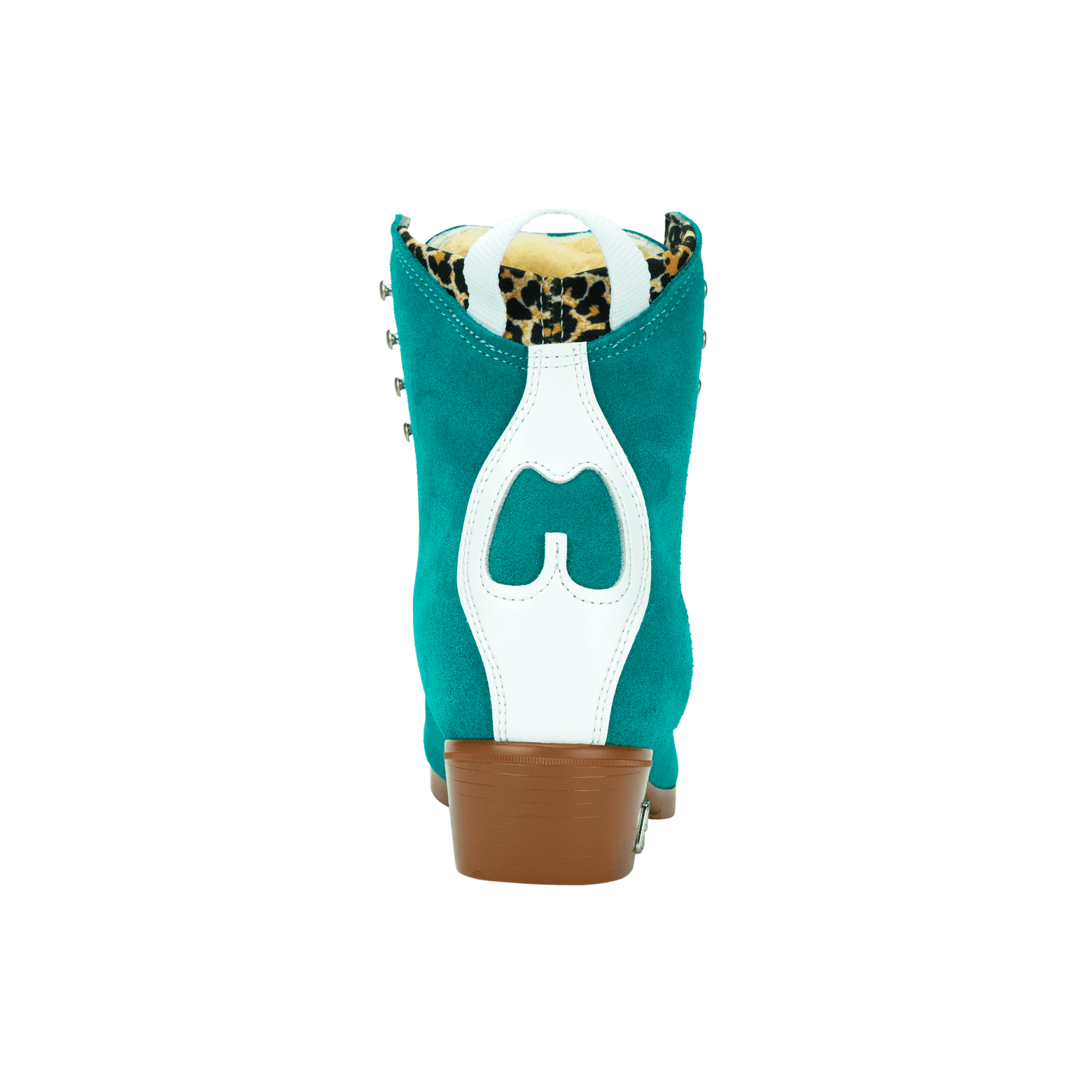 Teal suede skate boot heel and collar with white patch and leopard print lining