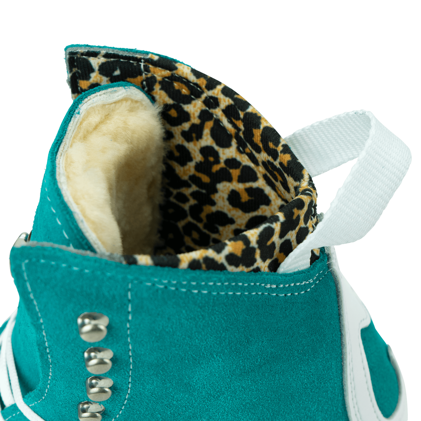 Teal suede skate boot opening with leopard print lining and white padded collar