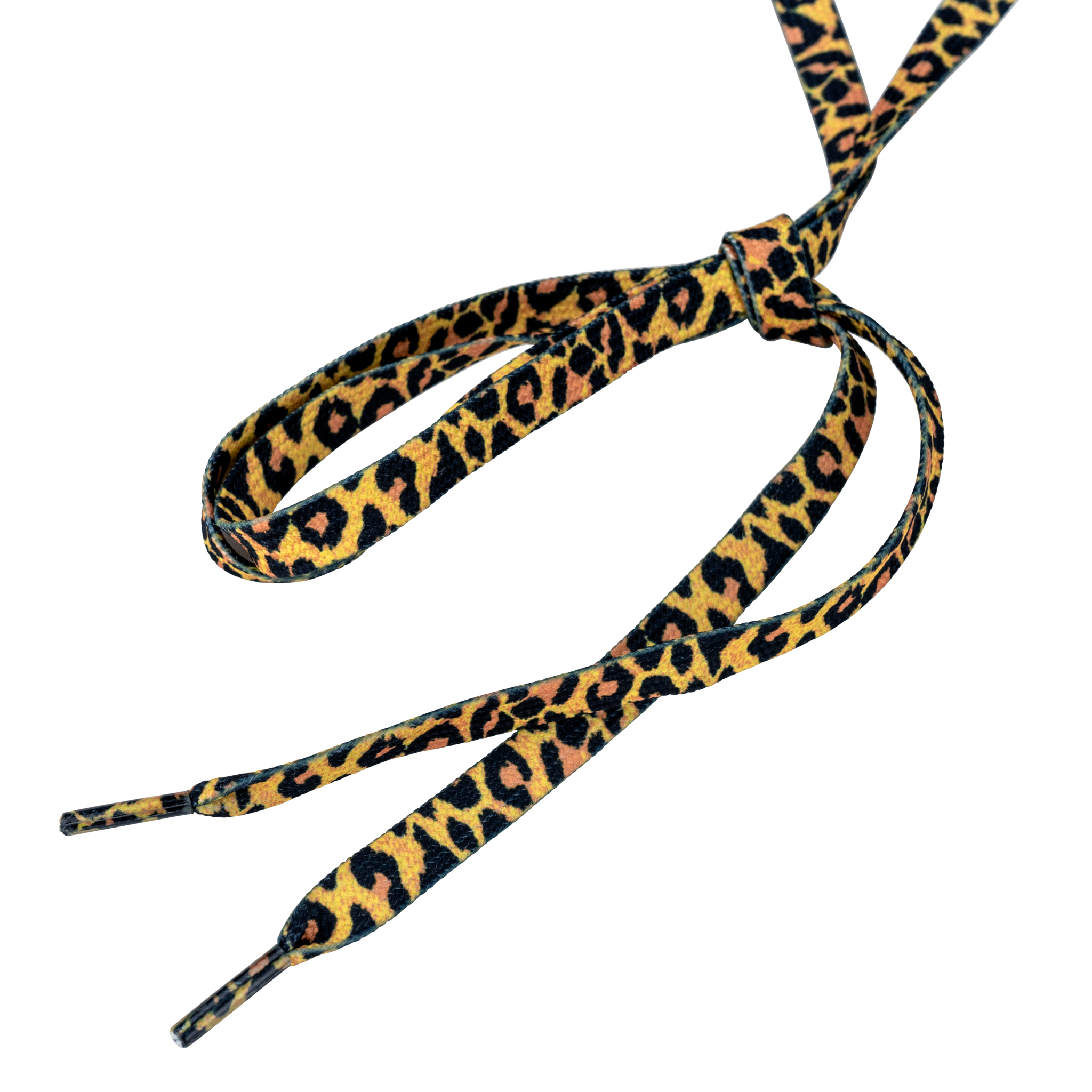 Moxi leopard-print shoelace pair with flat woven tips and aglet ends