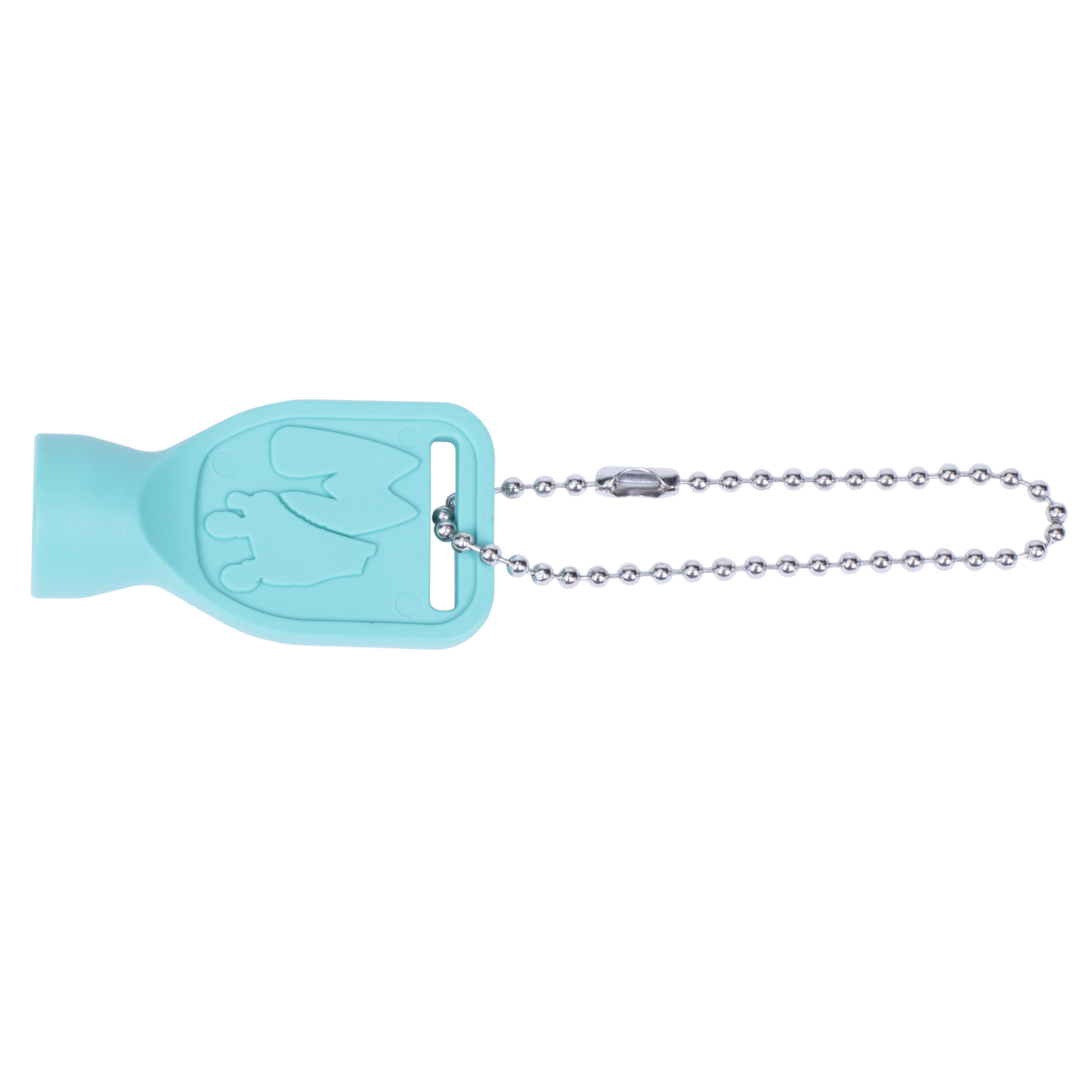 Teal skate tool with cat-shaped grip and metal bit, attached ball chain