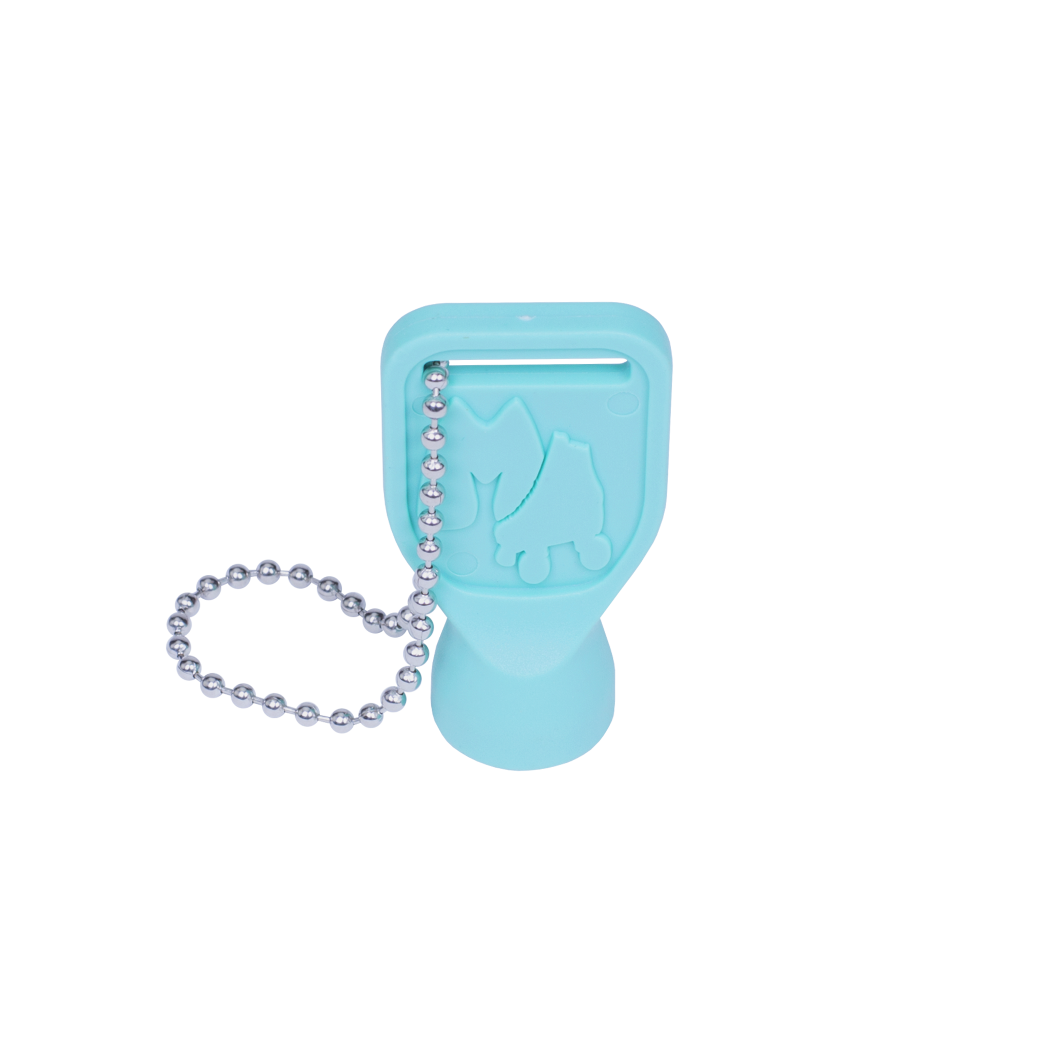 Teal skate tool with cat grip, metal bit, and ball chain keychain