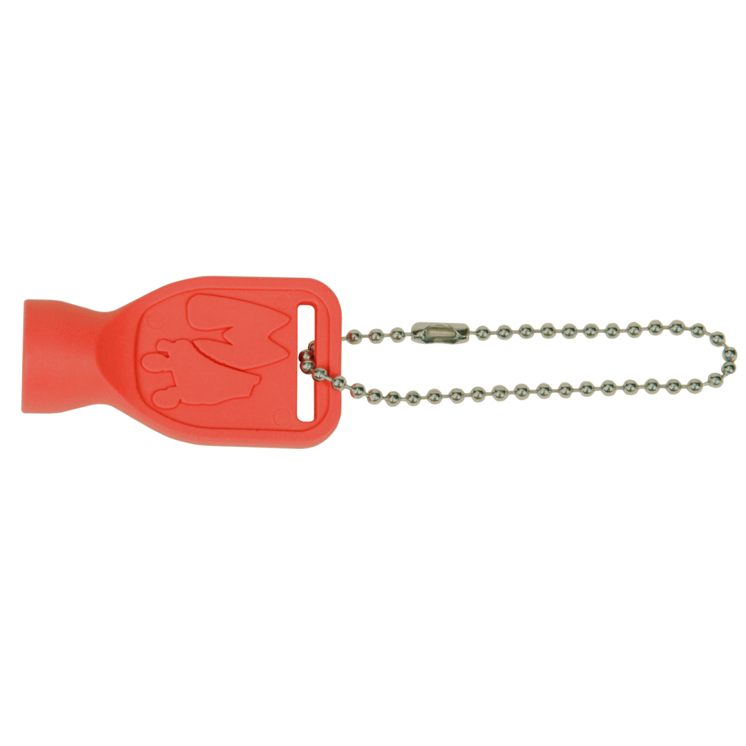 Red skate tool with cat-shaped grip and metal bit, attached ball chain