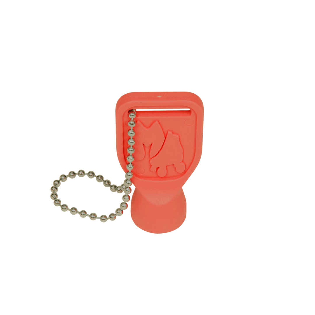 Red skate tool with cat grip, metal bit, and ball chain keychain