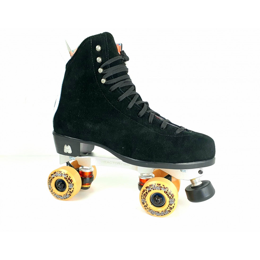 Black high-top skate boot with lace-up front and roller skate wheels