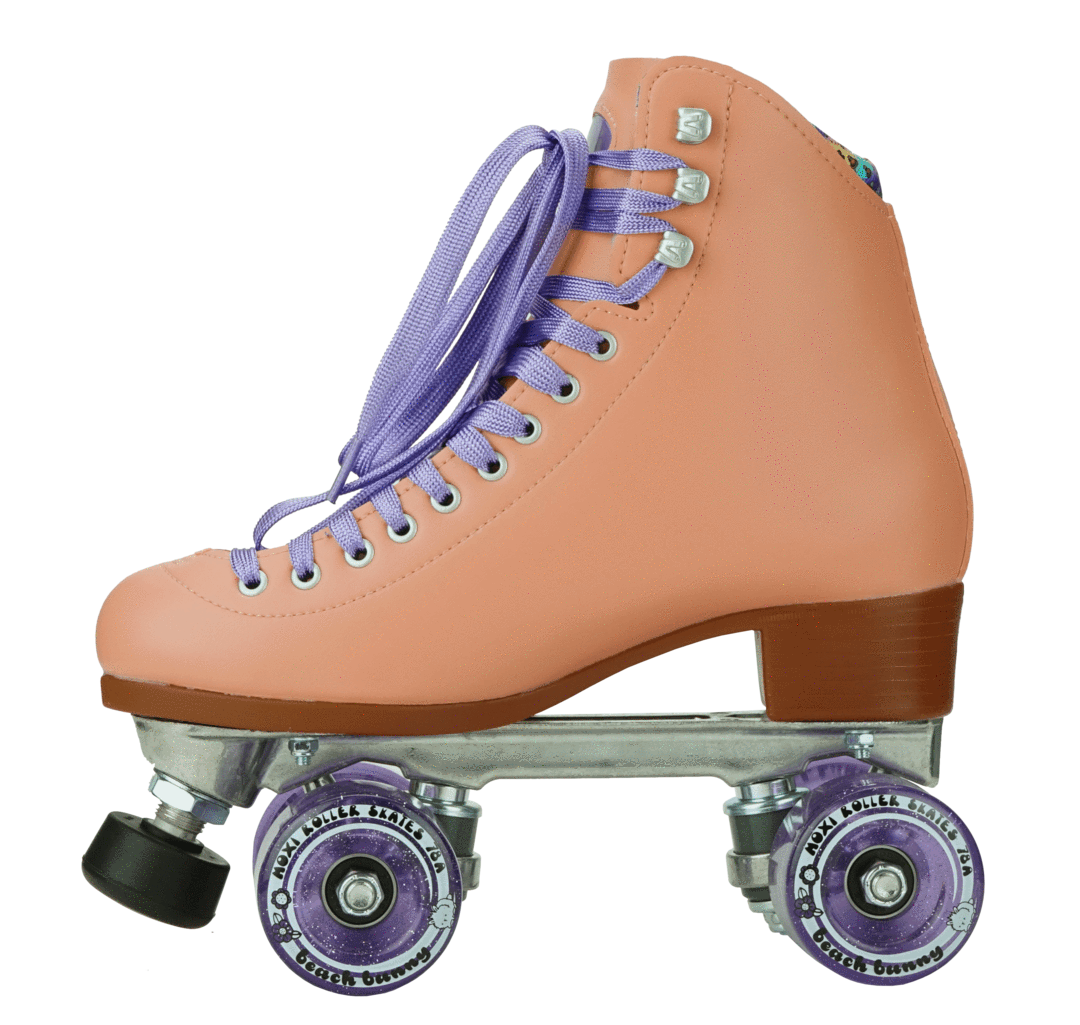 Peach high-top quad roller skates, purple laces, detailed wheels and toe stop