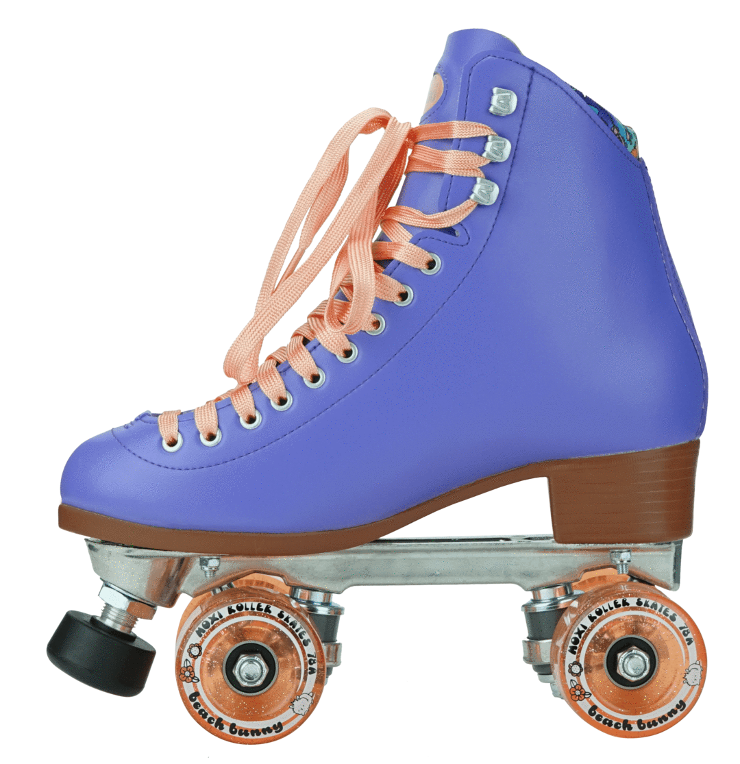 Periwinkle high-top roller skate with orange lace-up front, teal eyelets, orange wheels