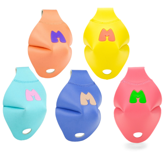 Multicolor toe caps set with small character logo in orange, yellow, blue, and pink