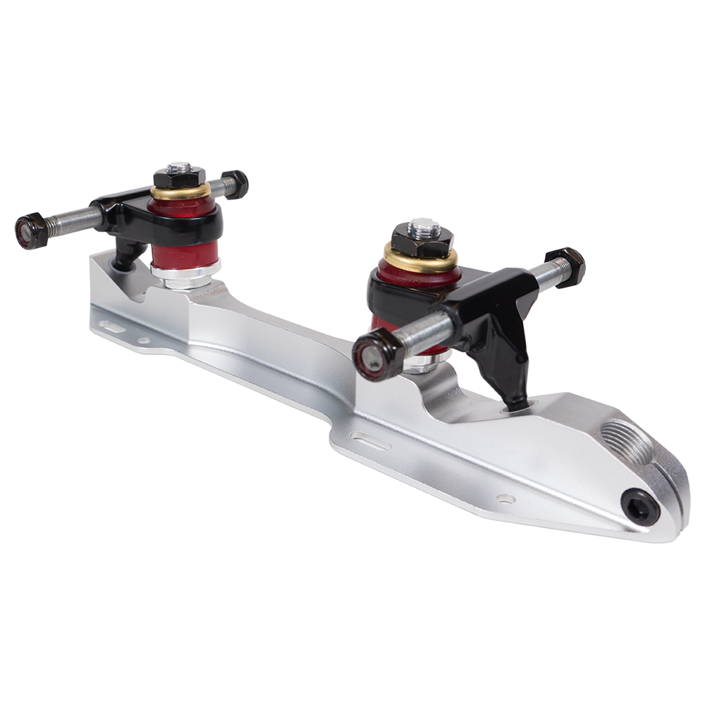 Aluminum skate plate with front and rear trucks, red bushings and silver hardware