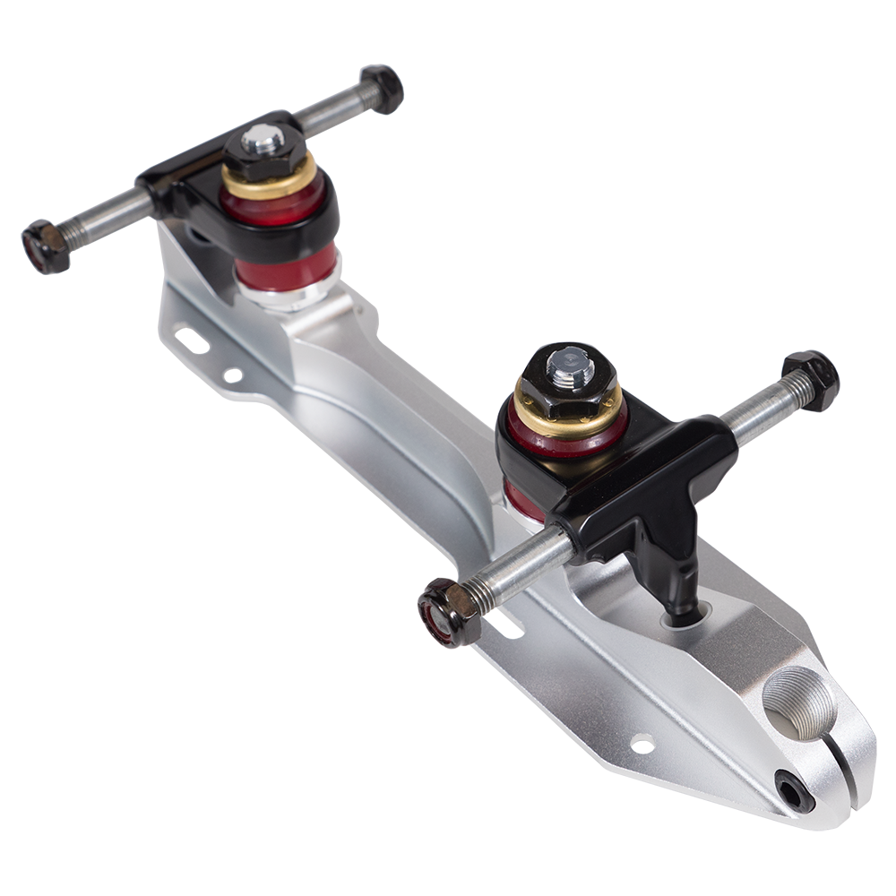 Aluminum skate plate with two trucks, black and silver tops, red bushings