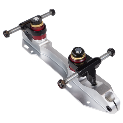 Aluminum skate plate with two trucks, black and silver tops, red bushings