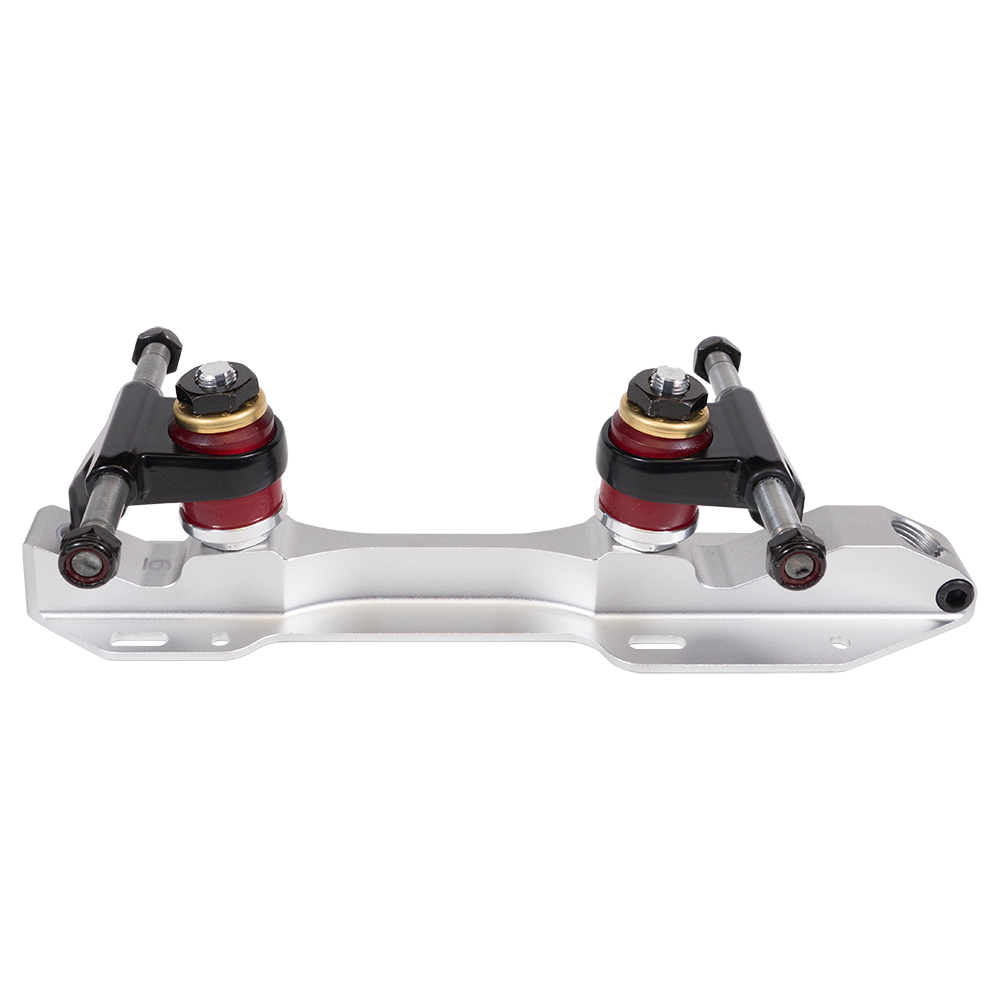 Metal roller skate aluminum plate with two mounting trucks, red bushings