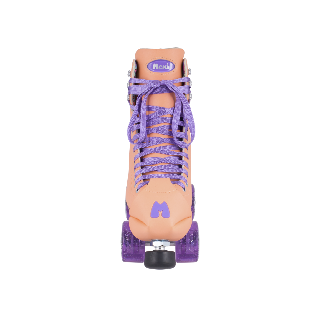 Peach quad roller skates with purple laces, back view