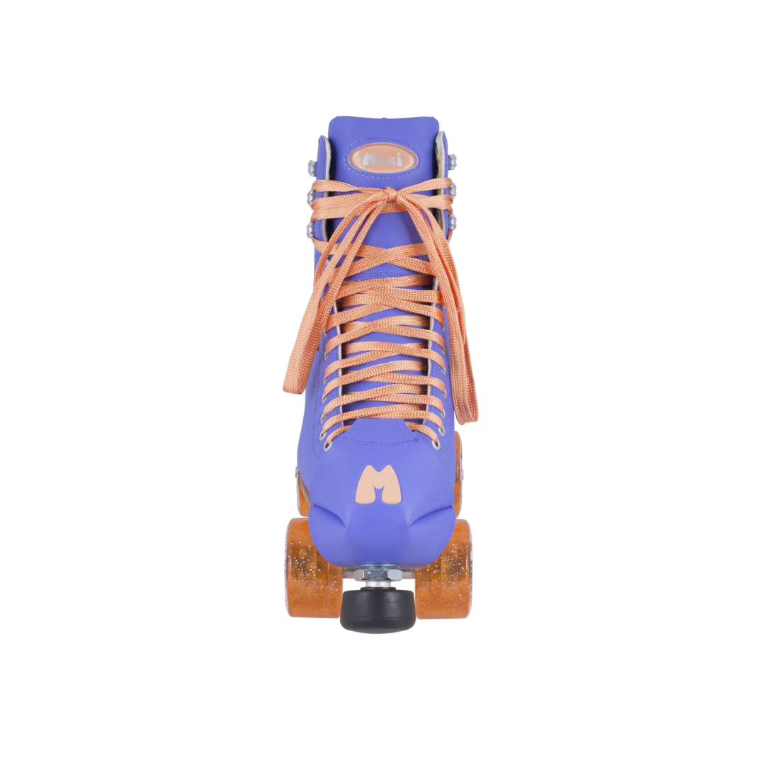 Periwinkle roller skate with orange bow at top and front orange wheels