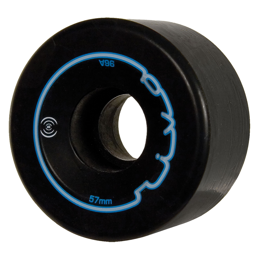 Black roller skate wheel with blue hub ring and 57mm marking.