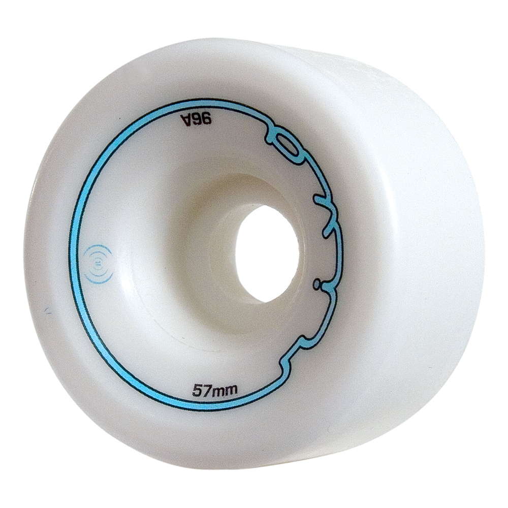 White roller skate wheel, 57mm with blue logo ring