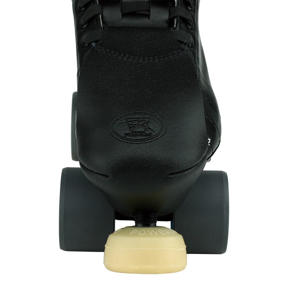 Black leather toe cap cover with oval logo, showing skate attachment area