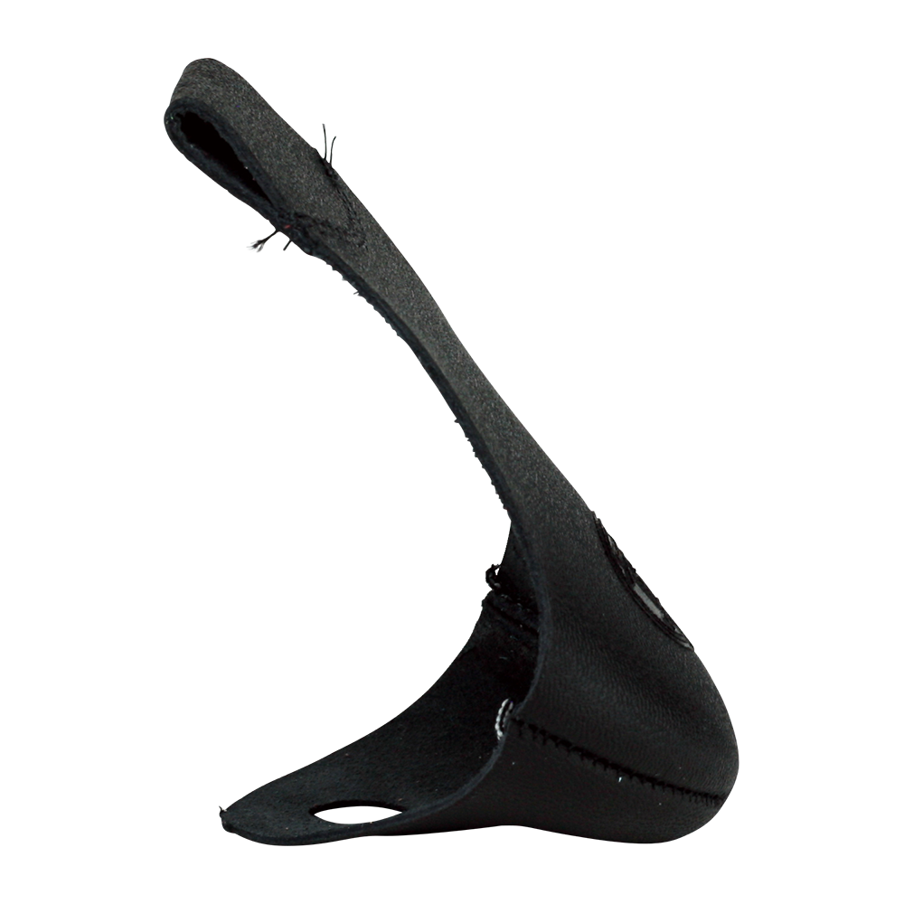 Black leather toe cap, contoured shape with stitched edge and molded logo