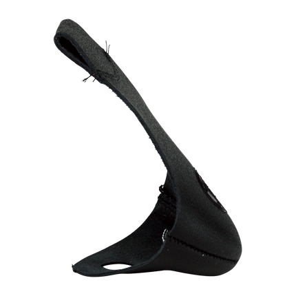 Black leather toe cap, contoured shape with stitched edge and molded logo