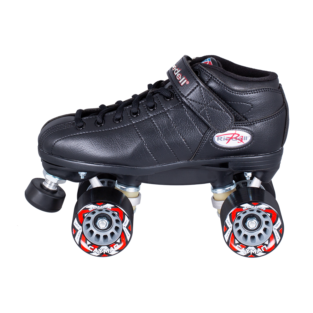 Riedell R3 indoor roller skate boot, black padded collar and quad wheels