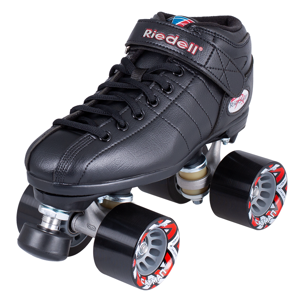 Riedell R3 indoor roller skate boot, black leather-look upper with laces and wheels