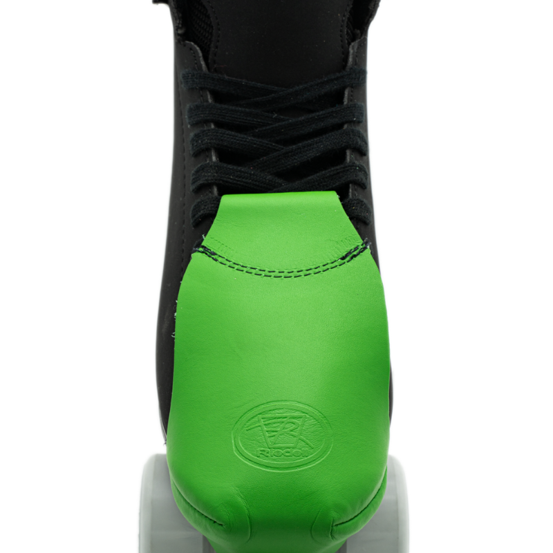 Riedell Pro Fit leather toe cap, neon green color with stitched seam and embossed logo