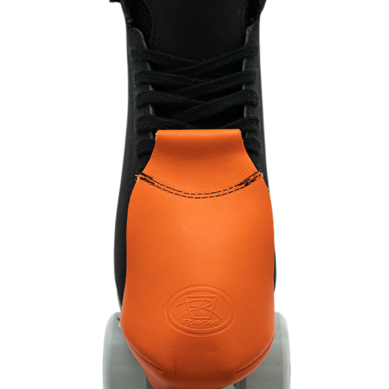 Riedell Pro Fit leather toe cap, orange color with stitched seam and embossed logo