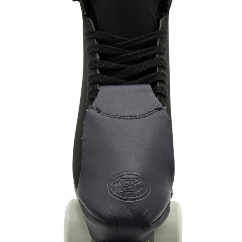 Dark gray leather toe cap with oval embossed logo and stitched curved seam