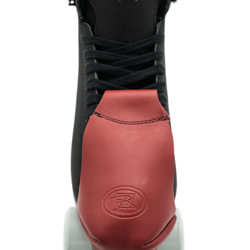 Riedell Pro Fit leather toe cap, red leather color with stitched seam and embossed logo