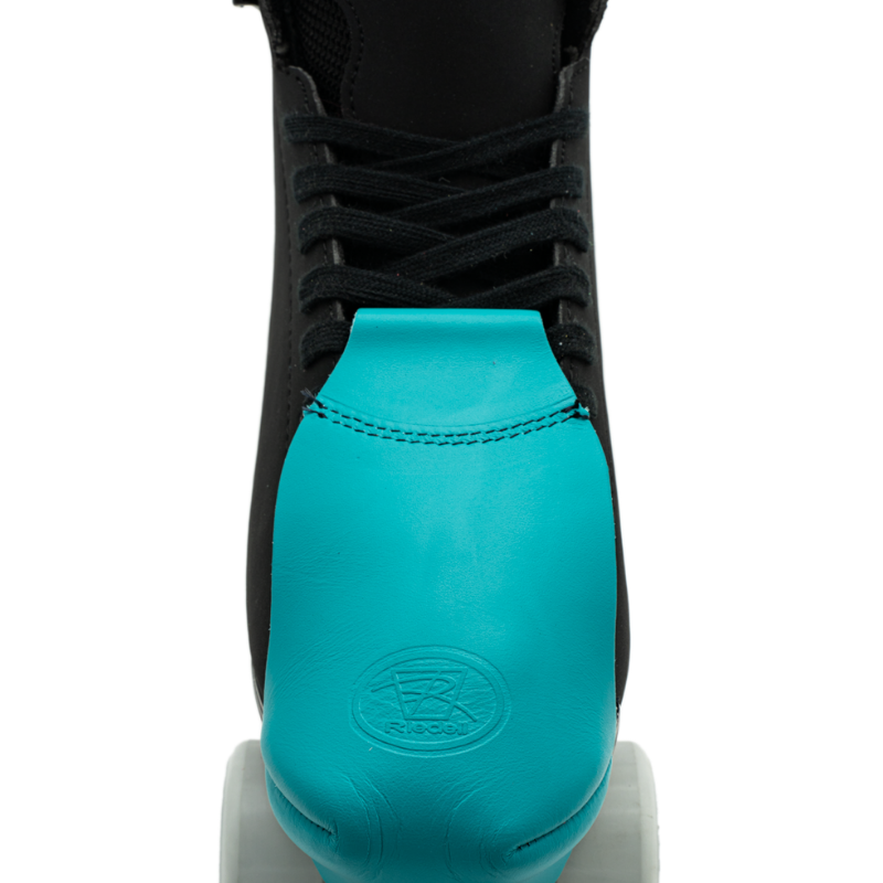 Riedell Pro Fit leather toe cap, turquoise color with stitched seam and embossed logo