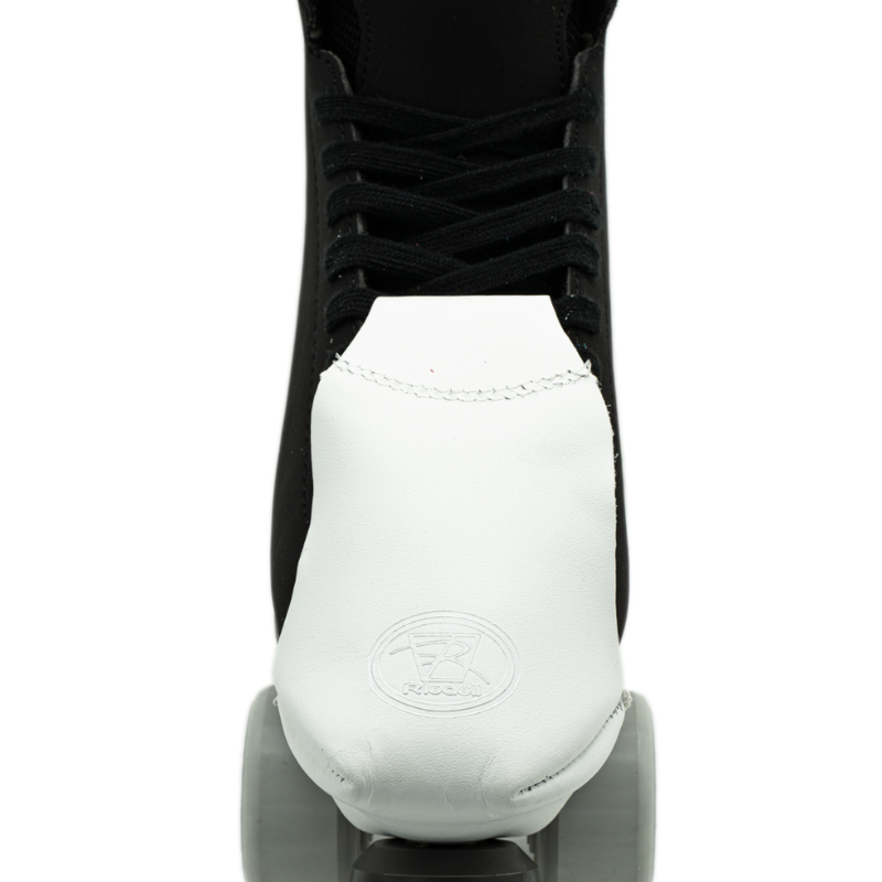White leather toe cap with oval embossed logo and stitched top edge