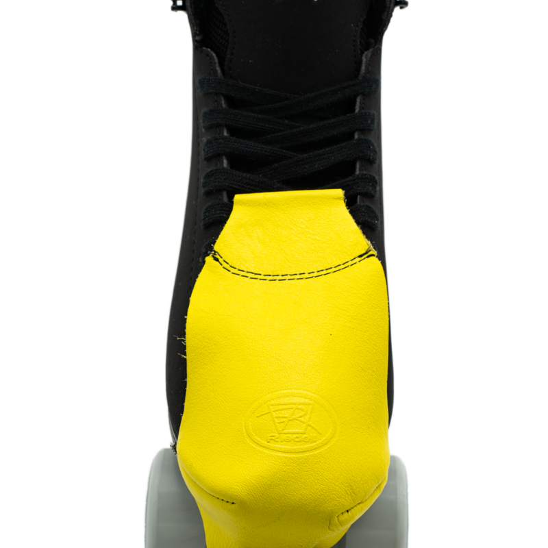 Riedell Pro Fit leather toe cap, bright yellow color with stitched seam and embossed logo