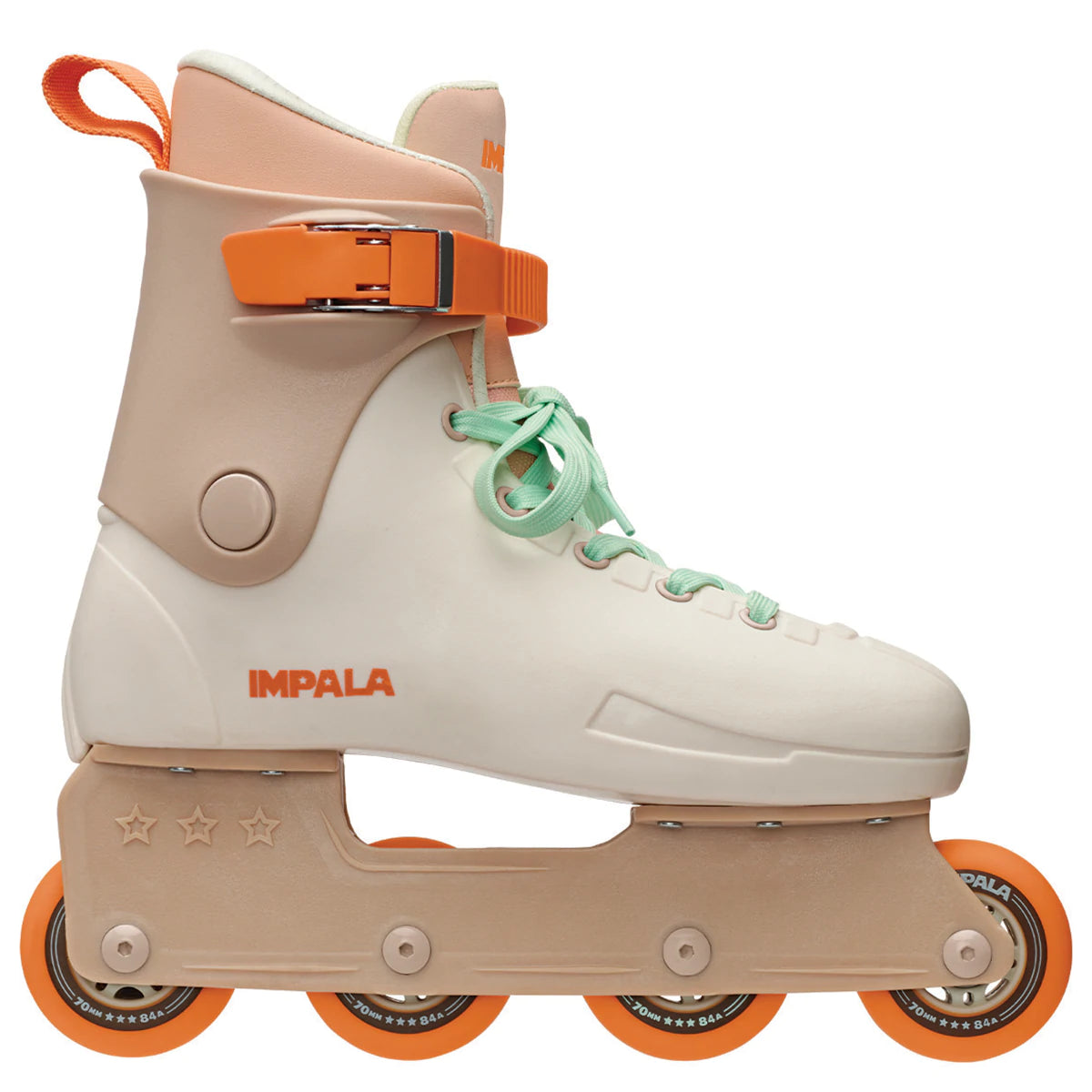 Beige inline skates with orange buckle, mint-green laces, IMPALA logo, orange wheels
