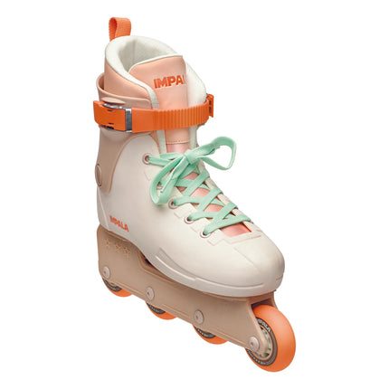 Beige inline skates with orange cuff strap, mint-green laces, side view, orange wheels