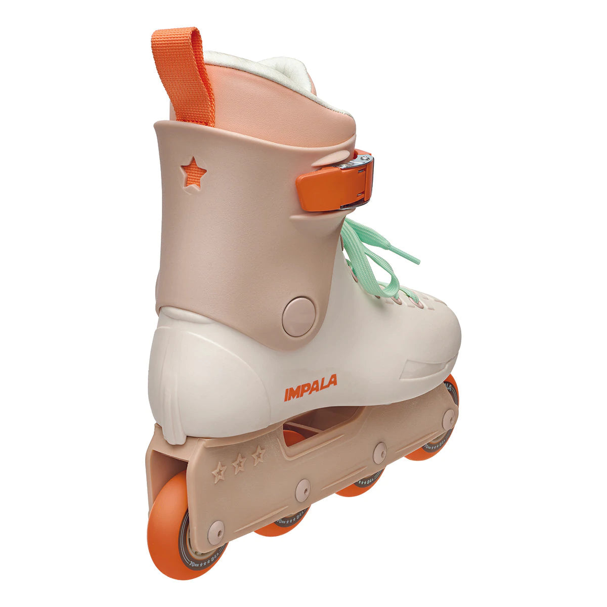 Beige inline skates with orange buckle strap and mint-green laces, star detail, side view