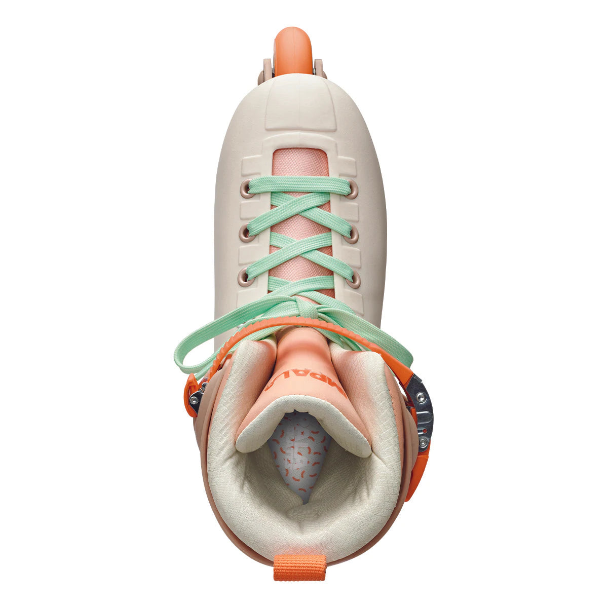 Beige inline skates with mint-green laces, padded liner, orange cuff strap