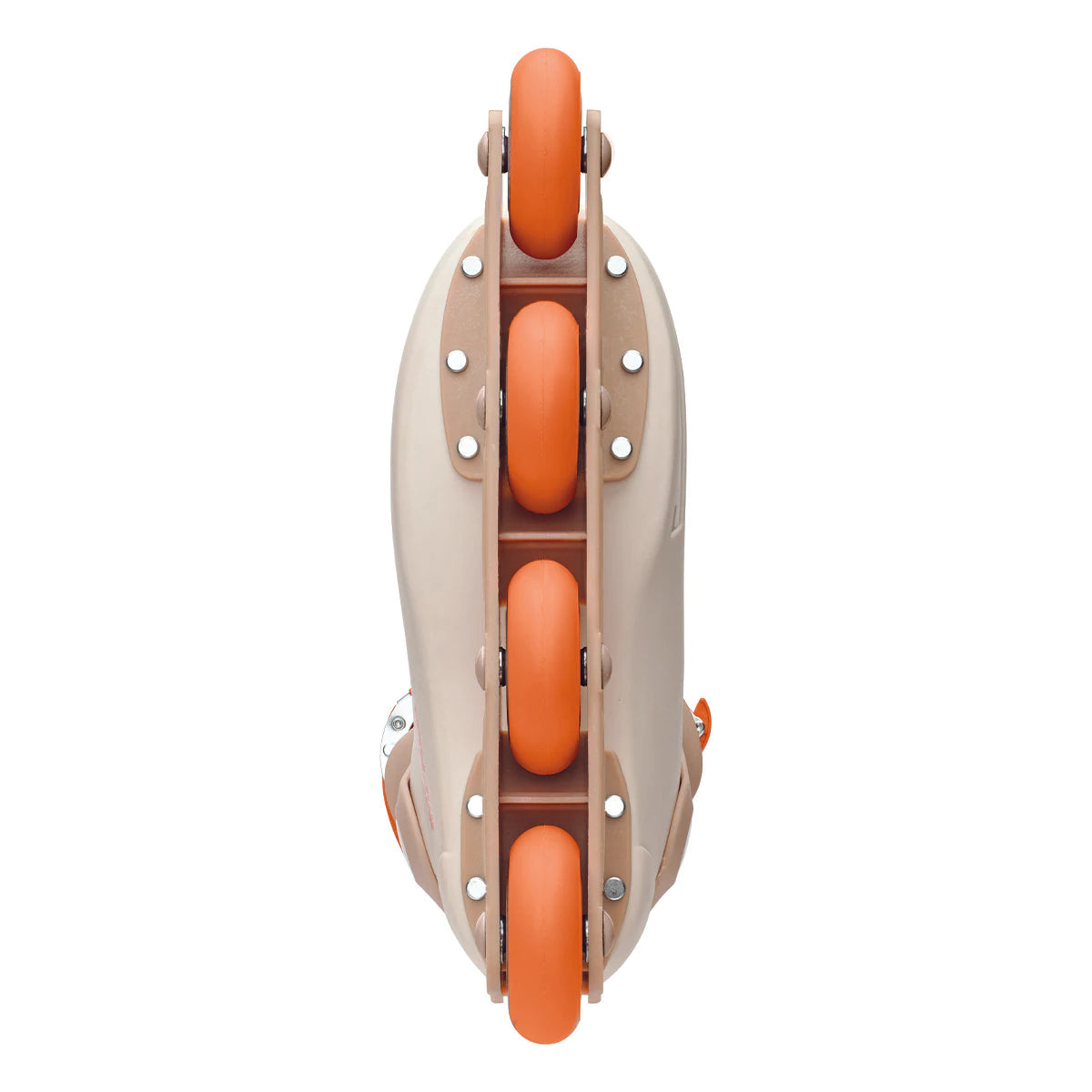 Beige inline skates underside view with four orange wheels and silver mounting plates