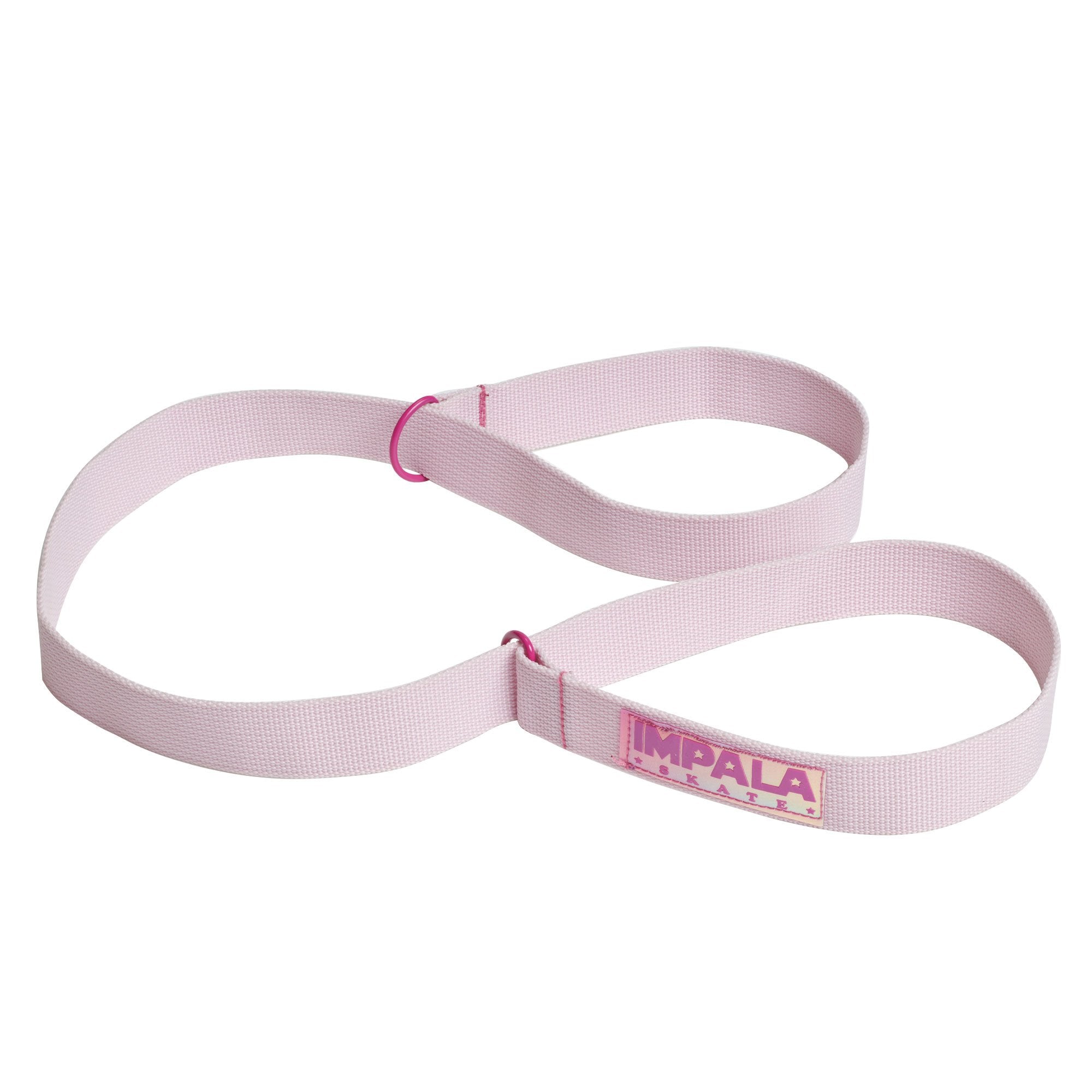 Pink skate strap with IMPALA logo patch and loop end for attaching roller skates