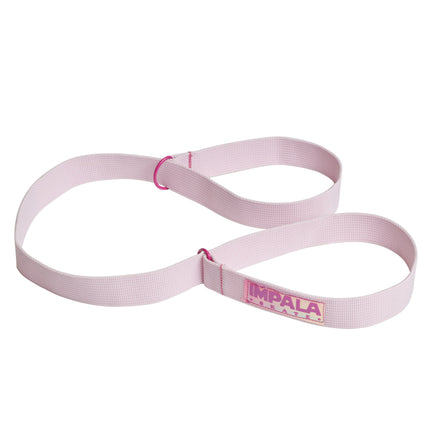 Pink skate strap with IMPALA logo patch and loop end for attaching roller skates
