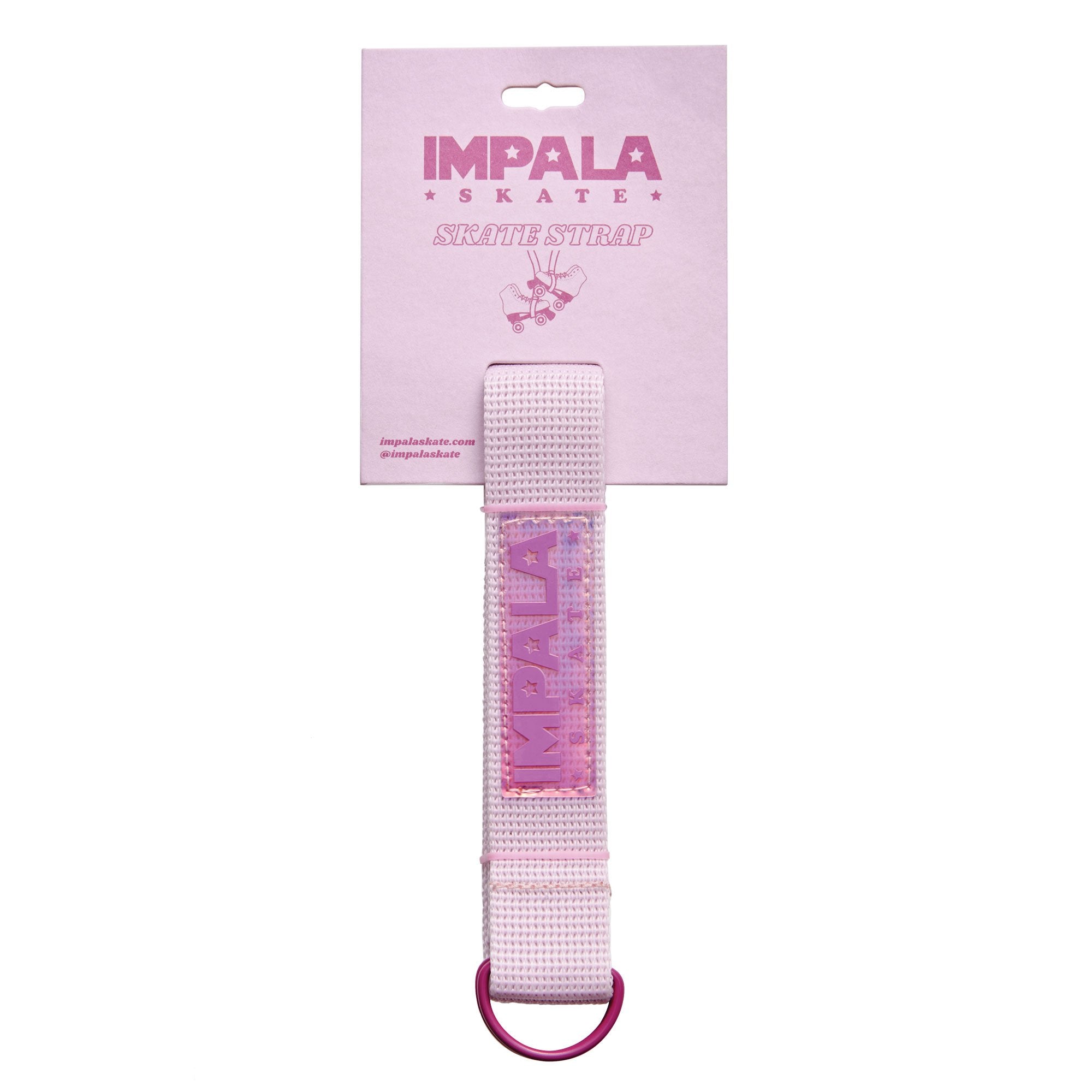 Pink skate strap with printed IMPALA branding and D-ring loop, on hanging card