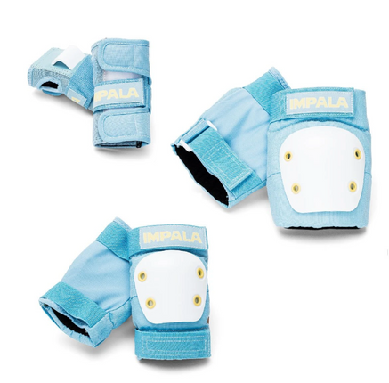 Youth sky blue protective knee pads set with IMPALA logo and white shell plates