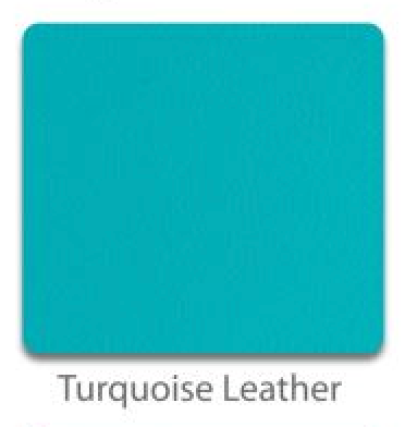 Turquoise leather toe guard color swatch with rivets and strap-hole detail