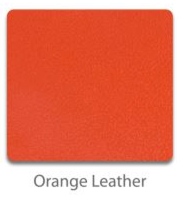 Orange leather toe guard color swatch with rivets and strap-hole detail