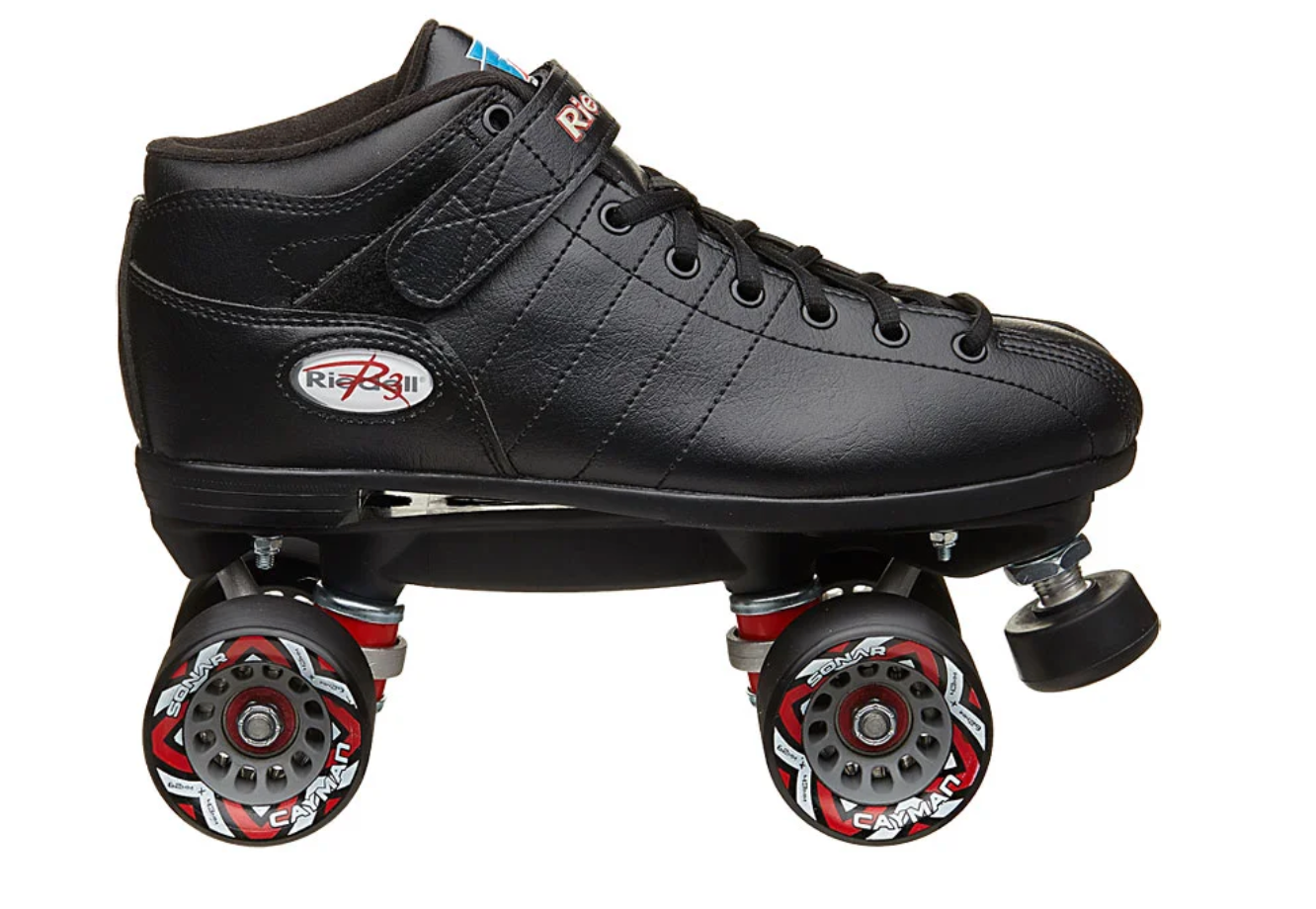 Riedell R3 indoor roller skate, black lace-up boot with red/white quad wheels