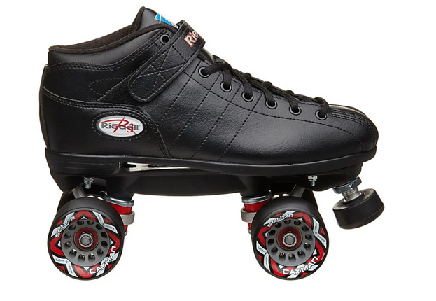 Riedell R3 indoor roller skate, black lace-up boot with red/white quad wheels