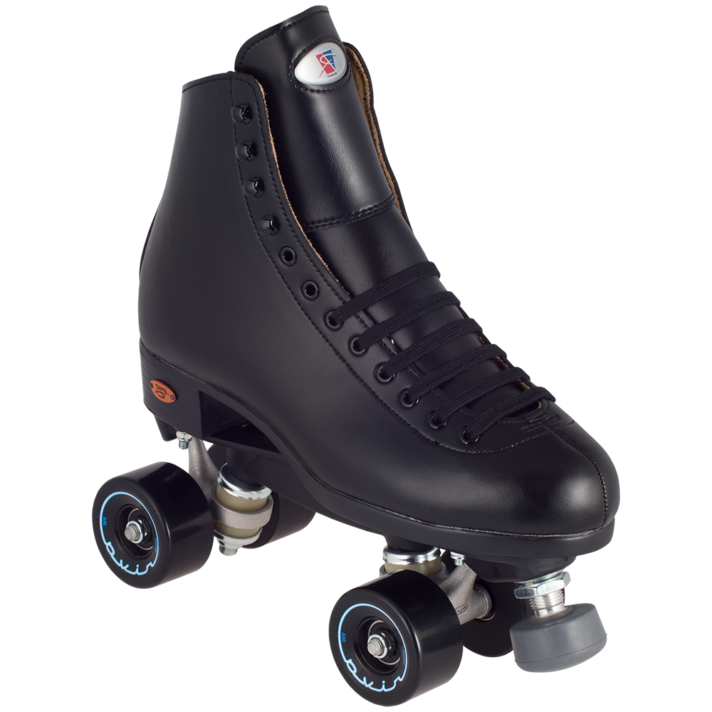 Black roller skate boot with lace-up front and inline wheels.